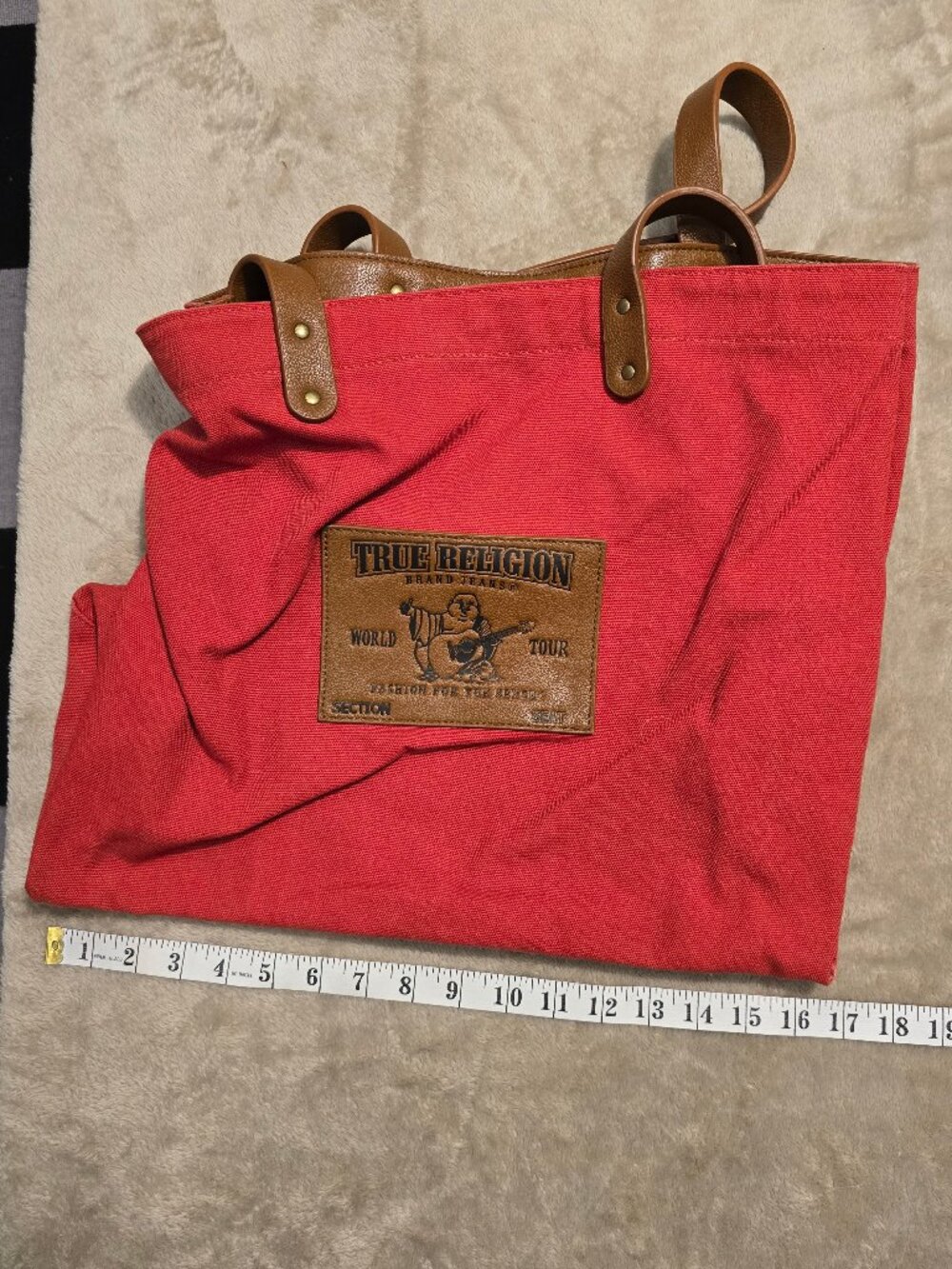 True Religion Red Canvas Tote Bag with Leather Straps – Excellent Condition